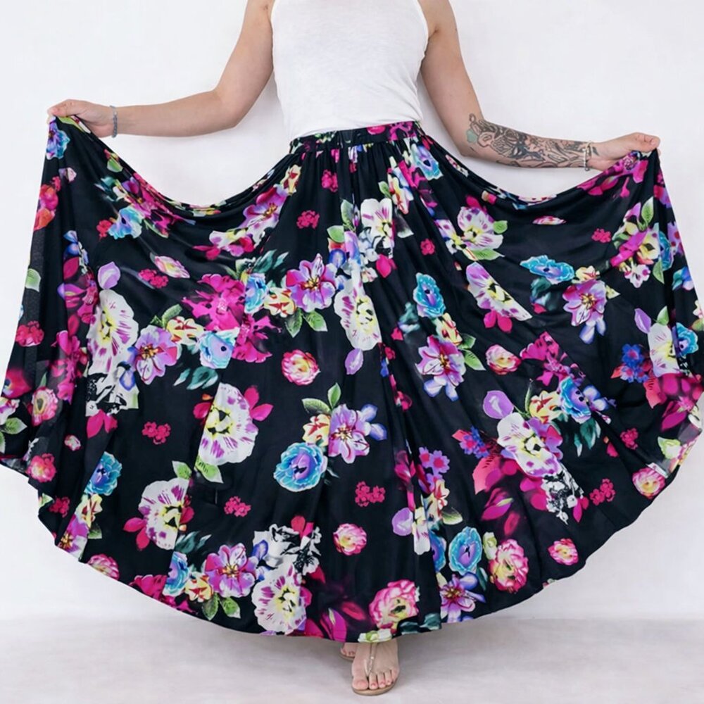 Cupio Maxi Skirt Dark Floral Colorful Elastic Waist Pull On Size Large